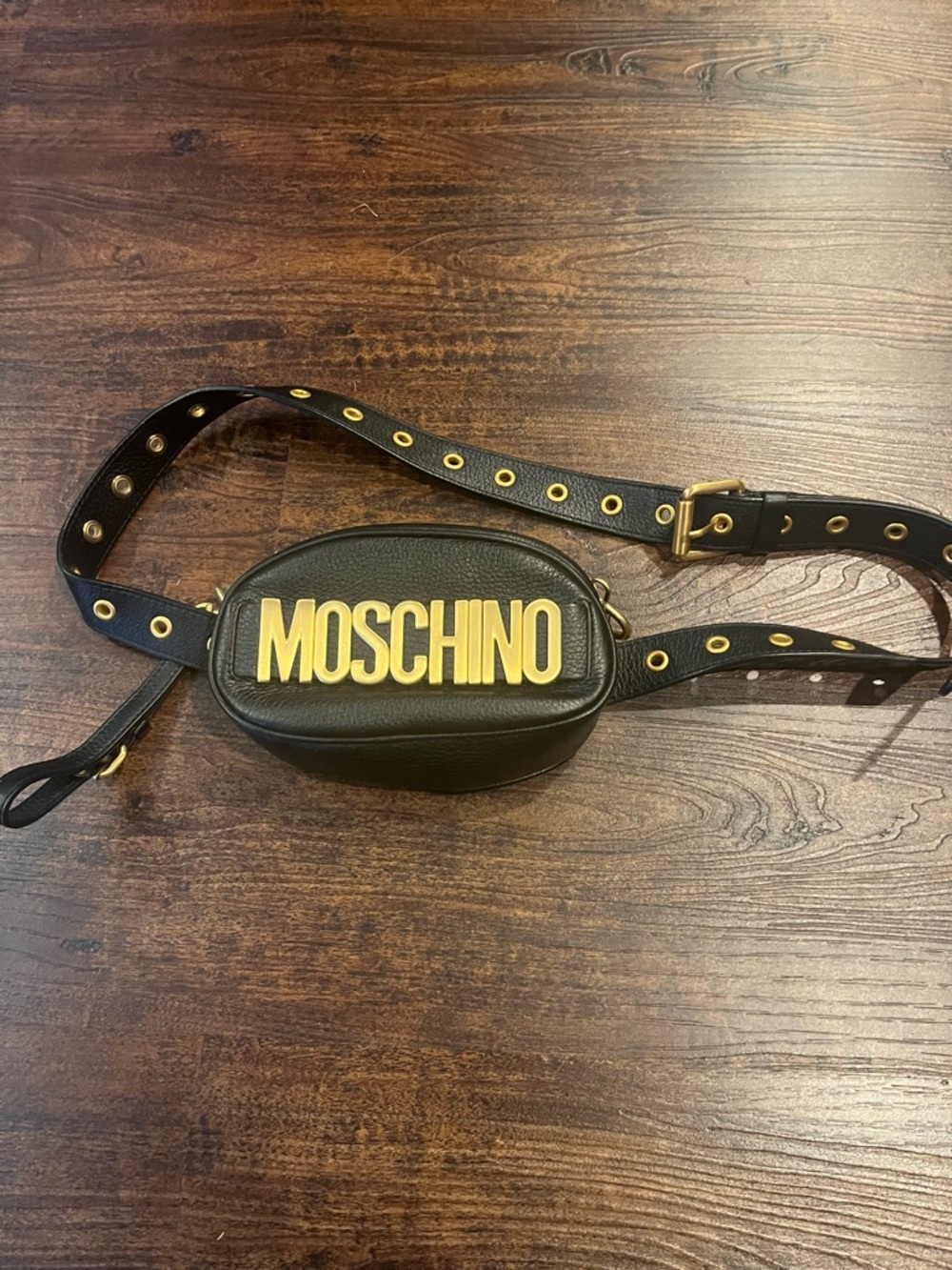 Moschino Black Leather Belt Bag with Gold Logo